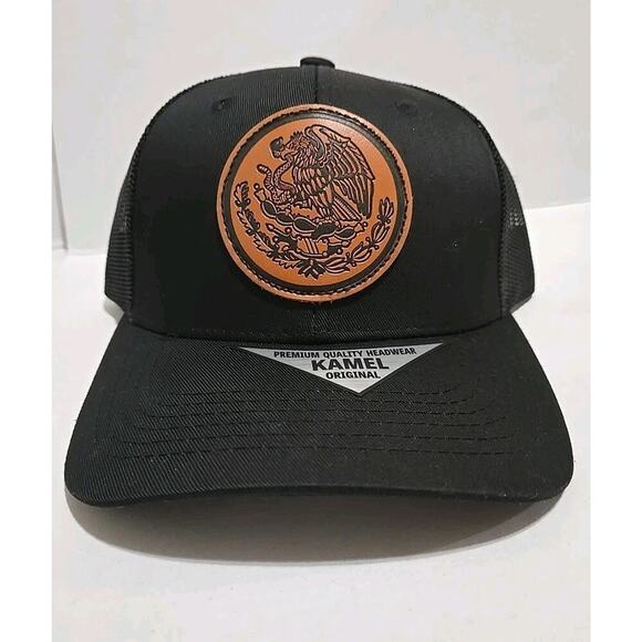 Mexico Eagle Leather Trucker Hat Cap SnapBack Black - Picture 1 of 8